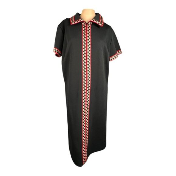 Vintage 60s Black Zip Front House Dress with Red Geometric Trim - Picture 1 of 3